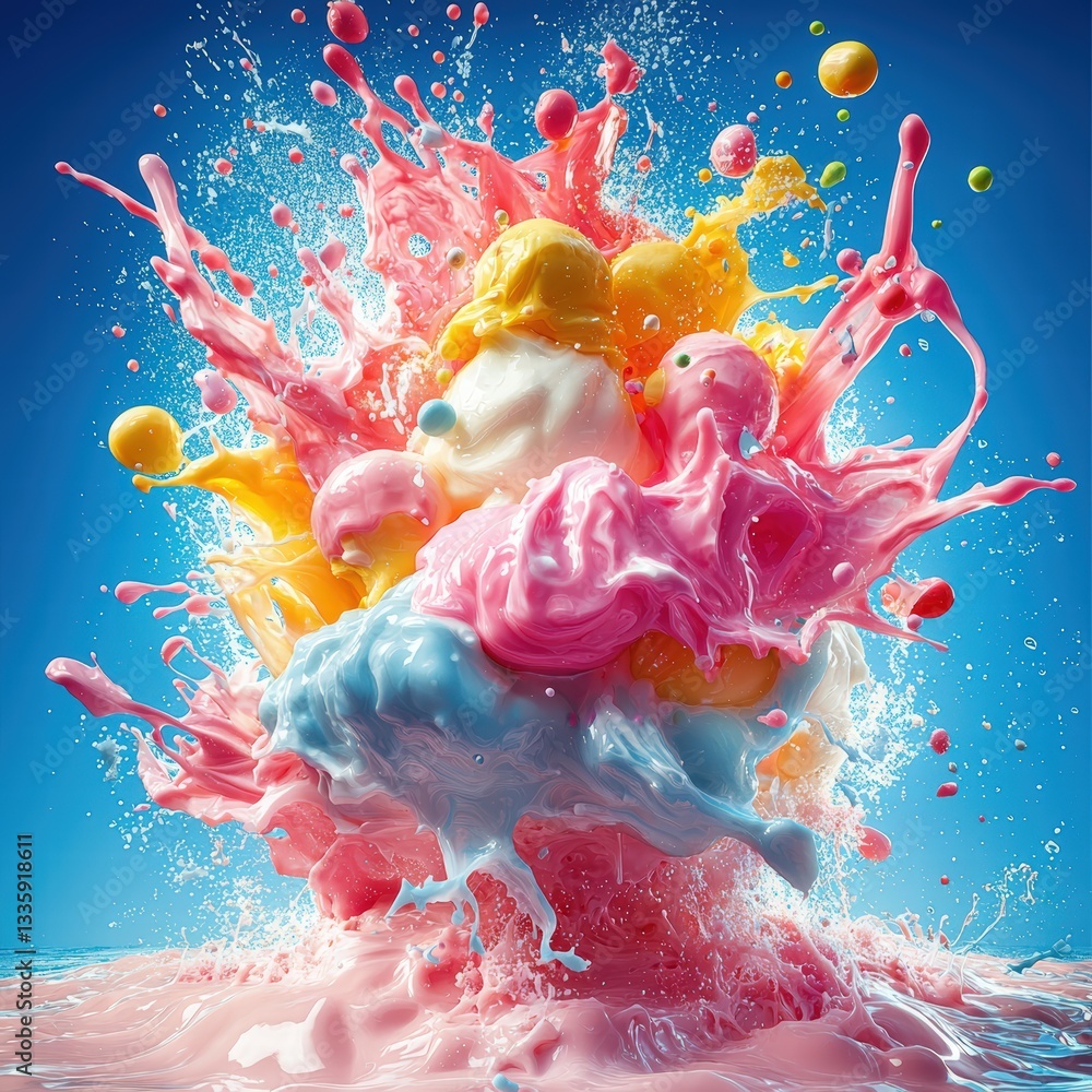 Poster vibrant splash of multicolored liquid creating dynamic patterns against a white background