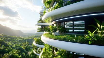 Eco Futuristic Habitat Modern Architecture Surrounded by Nature Scenery Green Forest Lush Vegetation