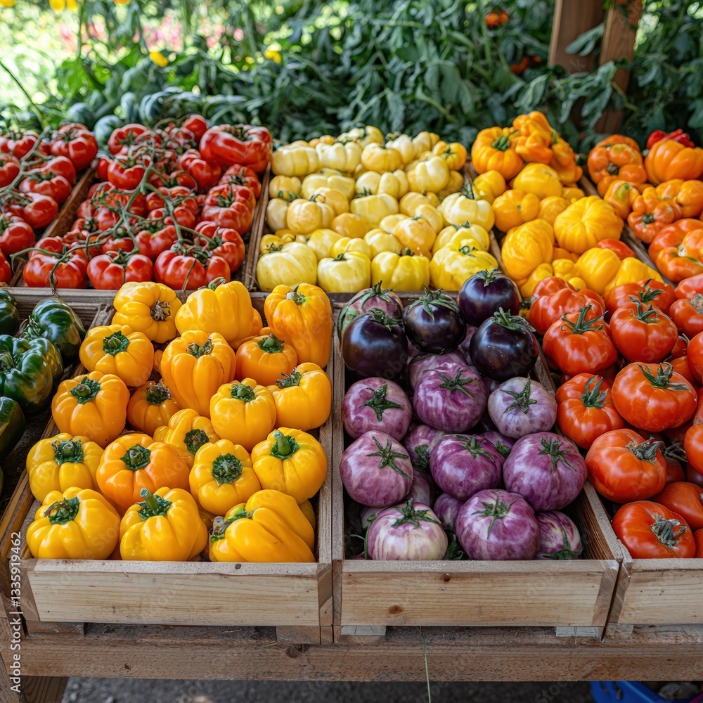 Poster assorted fresh vegetables displayed in wooden crates highlighting variety and nutritional value