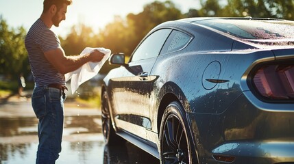 Man Wiping Down His Ceramic Coated Car on a Sunny Day