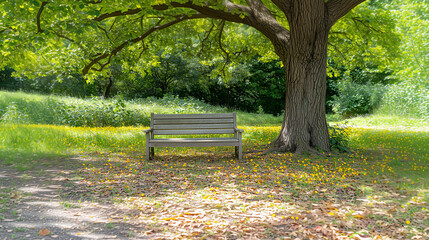Empty Bench in a Park with Small Yellow Flowers