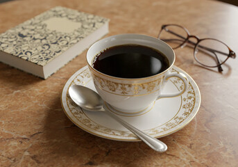 コーヒーと読書 テーブルの上のホットコーヒー カップ＆ソーサー 小物 リラックス レトロクラシック  Coffee and reading Hot coffee on the table Cup and saucer, small, relaxing, retro classic.