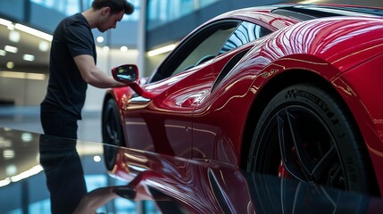 Car Enthusiast Inspecting a Freshly Polished Red Sports Car