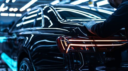 Car Detailer Applying Ceramic Coating with Precision in Studio