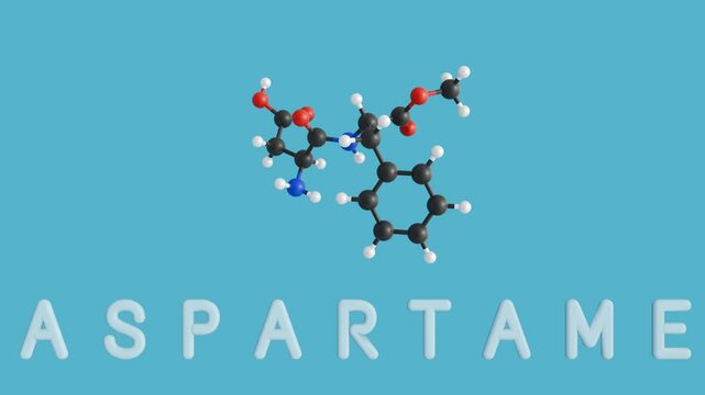 A 3d animation of the chemical structure of aspartame molecule and the word "ASPARTAME", a non-nutritive, artificial sweetener used as a sugar substitute in foods and beverages.