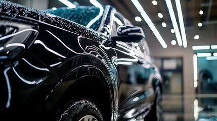 Sleek Luxury SUV Parked Under Bright Workshop Lighting