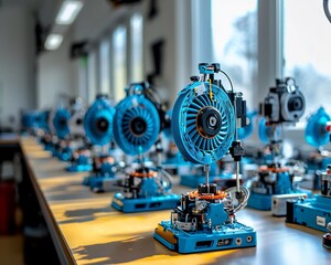 Fototapeta premium Row of blue precision engineered devices on a workbench.