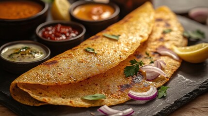 Close up of delicious Indian Dosa served on slate plate with assorted chutneys flavorful culinary delight