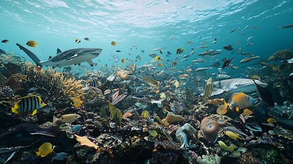 Bustling Australian Great Barrier Reef teeming with parrotfish clown triggerfish whale sharks ribbon eels and dugongs ultra detailed underwater shot