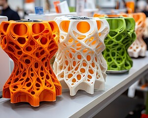 Colorful 3D-printed objects with intricate lattice structures on display.