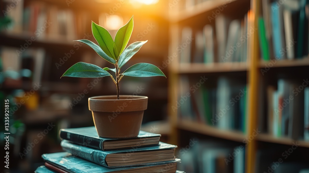 Aufkleber green plant resting on a stack of colorful books creating a cozy reading nook in a home setting