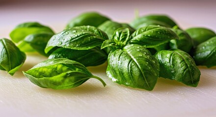 Obraz premium Vibrant Basil Leaves Spread Artfully on a Pristine White Cutting Board