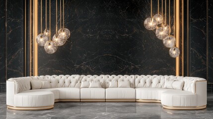 A luxurious living room with a black marble wall, gold accents, and a white sofa.