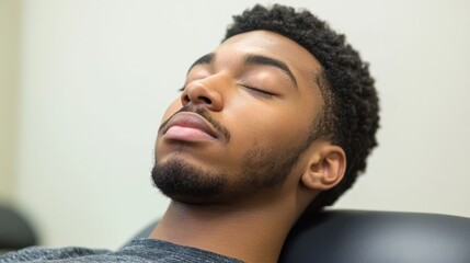 Obraz premium Young Man Relaxing with Eyes Closed in Calm Indoor Environment