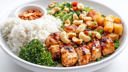 Fototapeta premium Grilled chicken with cashew nuts, rice, broccoli, and Asian-inspired salad. Perfect for showcasing healthy and delicious Asian-fusion cuisine.