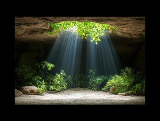 Sunlight streaming through a cave opening, illuminating lush greenery below