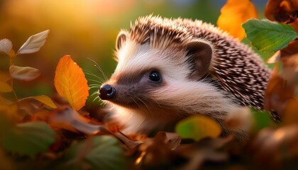 Fototapeta premium cute hedgehog hiding or hibernating amongst leaves in bush