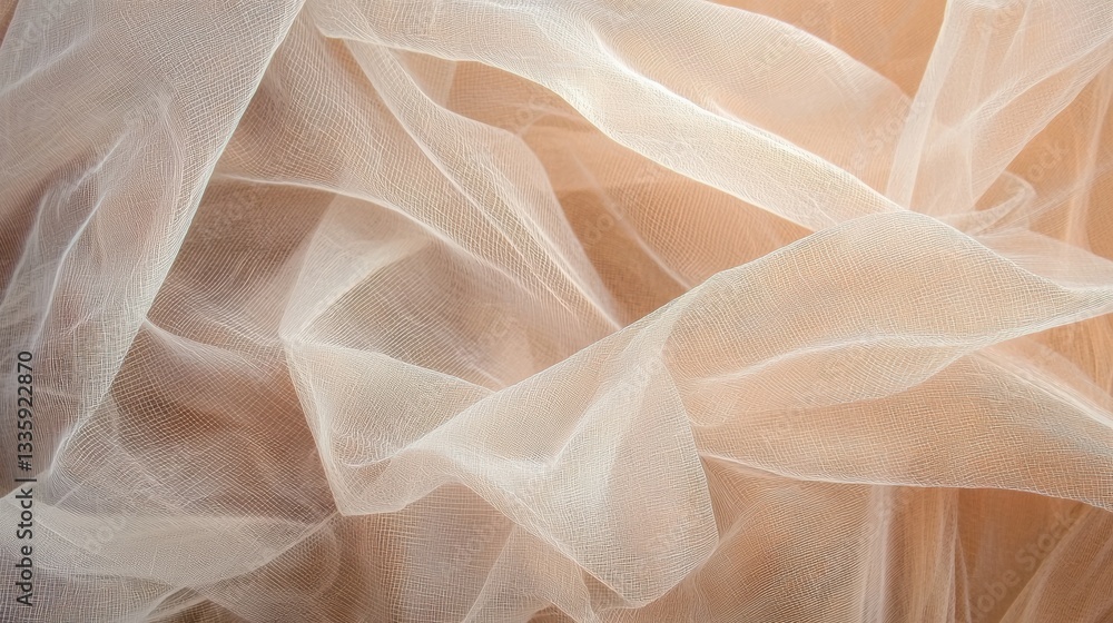 Poster a close-up view of a delicate, flowing fabric with a light peach color and a subtle texture.
