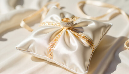 Ring pillow decorative satin with golden ribbon and lace background  