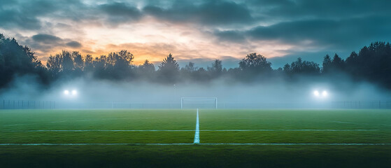 Misty dawn soccer field; game prep