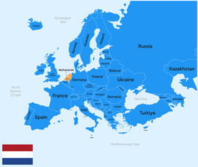 Netherlands vector map, Europe. Editable Vector map silhouette illustration isolated on Europe, highlighted at Netherlands, with flag, country name, border, and capital city.