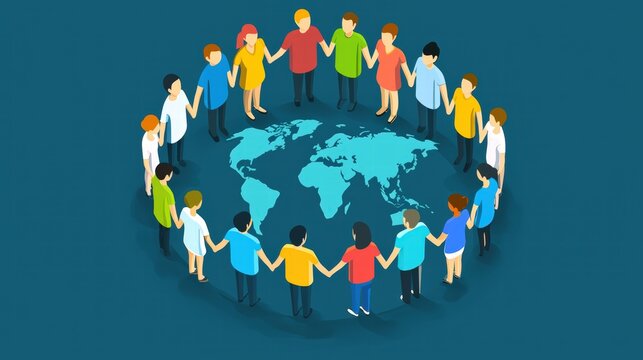 Diverse group of people holding hands together around a globe symbolizing unity and global togetherness