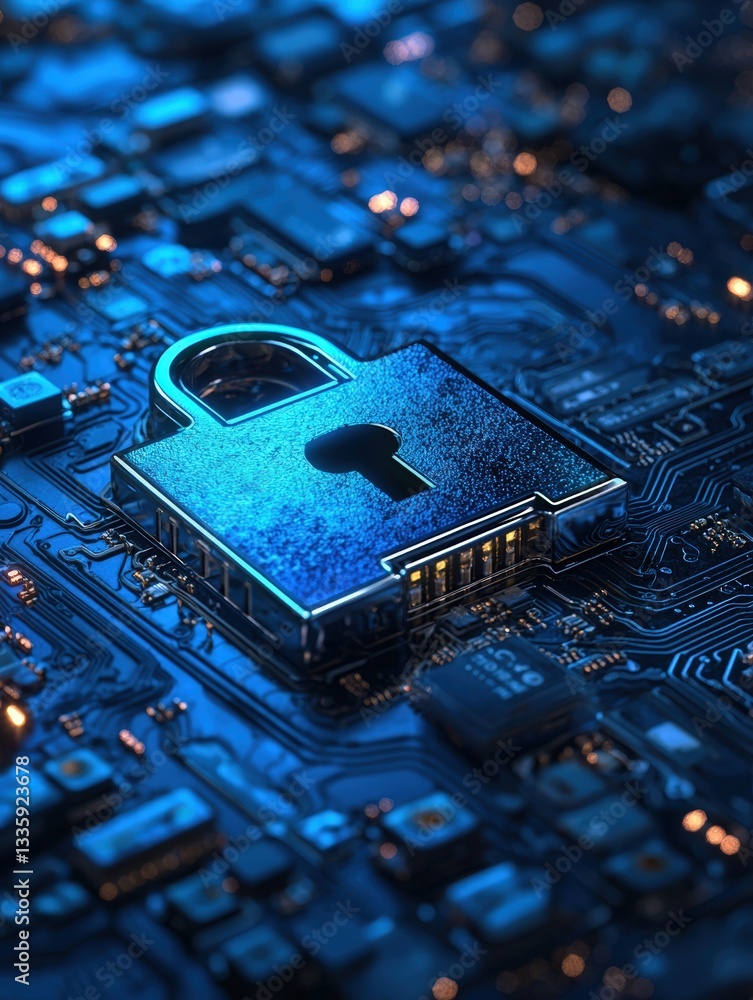 Poster a padlock resting on a circuit board representing the concept of digital security and protection