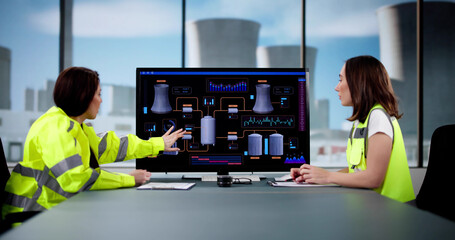 Female Engineer Operates Control Panel