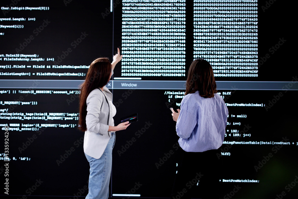 Poster Female Programmer Analyzing Code on Laptop