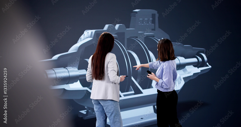 Poster engineers use futuristic screen to review airplane cad model design