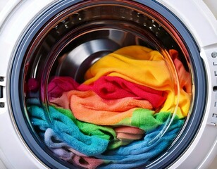 Abstract Close-Up of Spinning Clothes Inside a Washing Machine