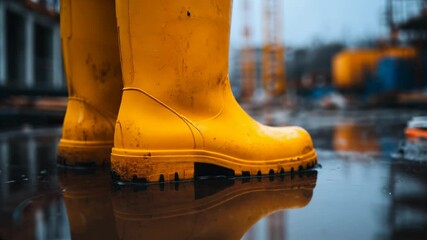 Yellow boots in a puddle at a rainy construction site.