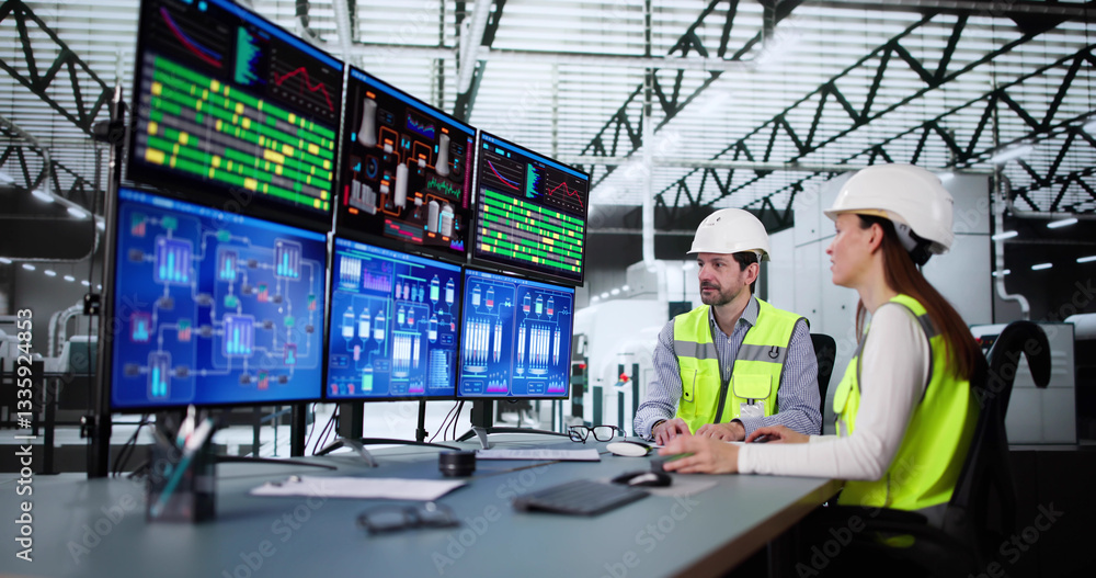 Poster Operators and engineers monitor SCADA system using control in factory