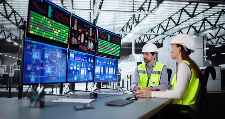 Operators and engineers monitor SCADA system using control in factory