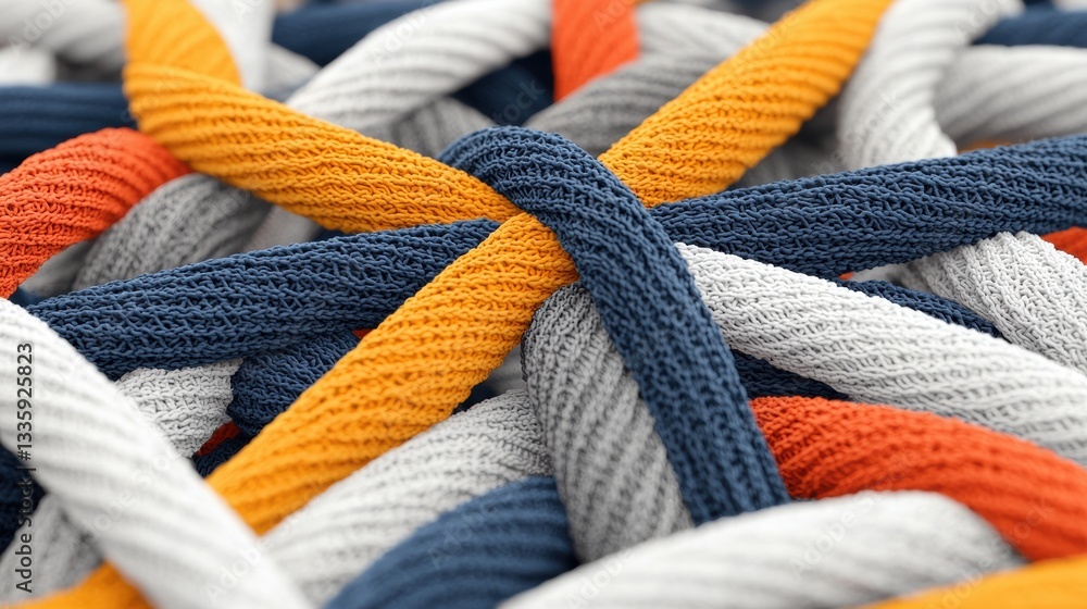 Poster a close-up view of a knitted fabric with a complex pattern of orange, blue, and white threads.
