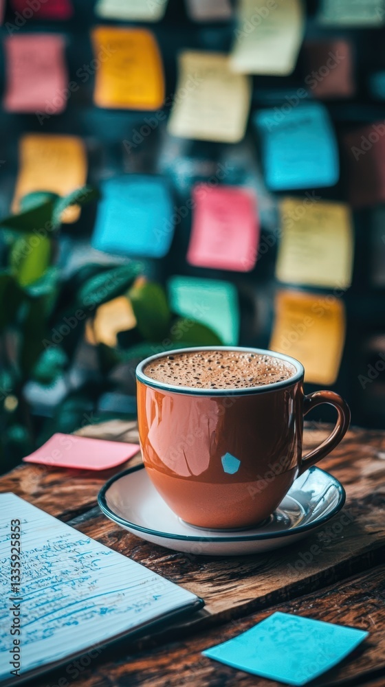 Aufkleber freshly brewed cup of coffee resting on a rustic table creating a cozy and inviting atmosphere