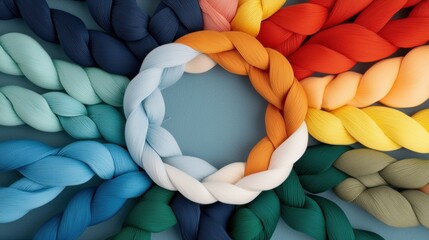 A vibrant arrangement of yarn skeins in various colors, forming a circular pattern.