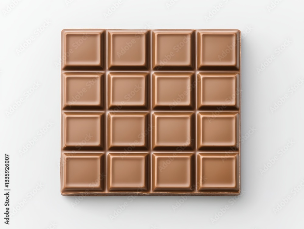 Poster close-up of a chocolate bar with neatly arranged squares on a white background
