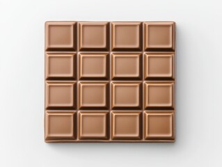 Close-up of a chocolate bar with neatly arranged squares on a white background
