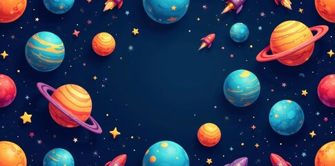 Colorful seamless pattern with planets, stars, rockets, planets, space