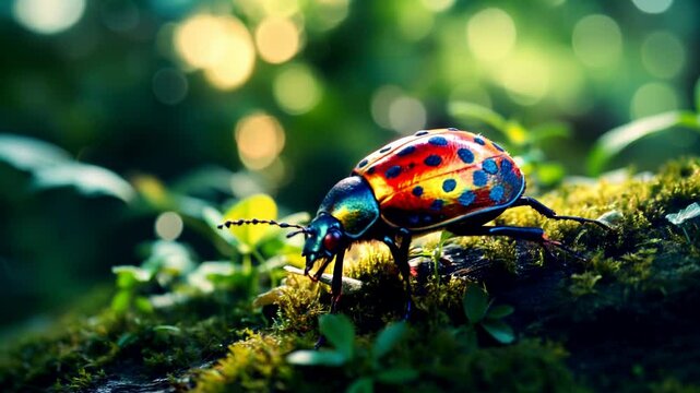 A vibrant beetle resting on moss, surrounded by a lush forest backdrop.