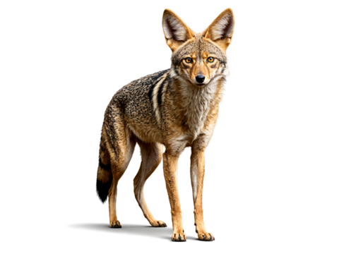 A realistic jackal standing alert with pointed ears and golden-brown fur, isolated on a transparent background