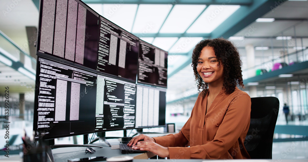Poster Programmer Woman Coding On Multiple Screens