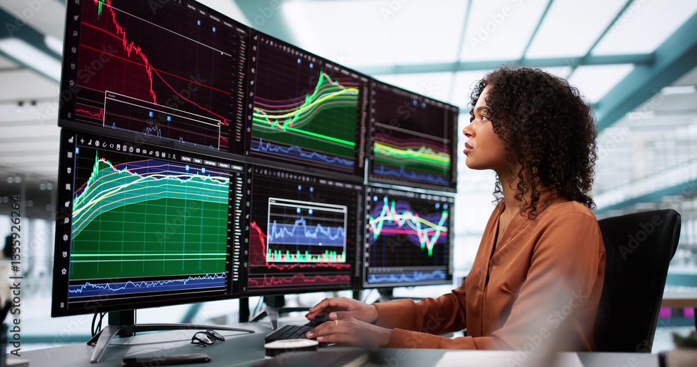 Poster stock market broker looking at graphs on multiple screens
