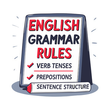 English grammar rules vector featuring verb tenses, prepositions, and sentence structure. Minimalist and modern illustration symbolizing language learning and education.