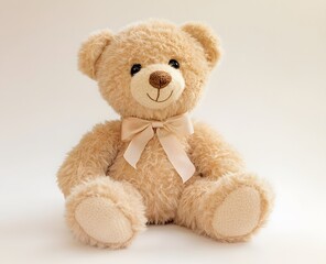 Obraz premium A light brown teddy bear sits wearing a bow