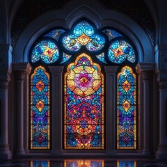 Obraz premium Beautiful Stained Glass Windows in Intricate Geometric Patterns Illuminated by Soft Natural Light