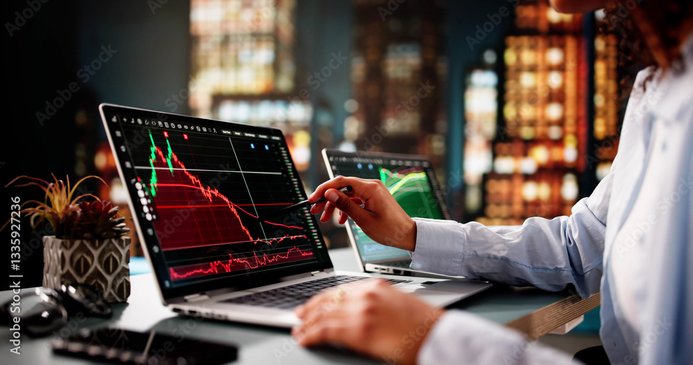 Poster Stock Trader Woman Using Multiple Computers