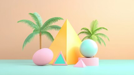 A 3D rendering of a beach scene with palm trees, a pyramid, and colorful spheres.