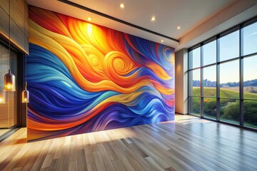 Modern Interior Design Featuring Abstract Wall Art with Flowing Hues of Blue, Orange, and Yellow in a Room with Large Windows